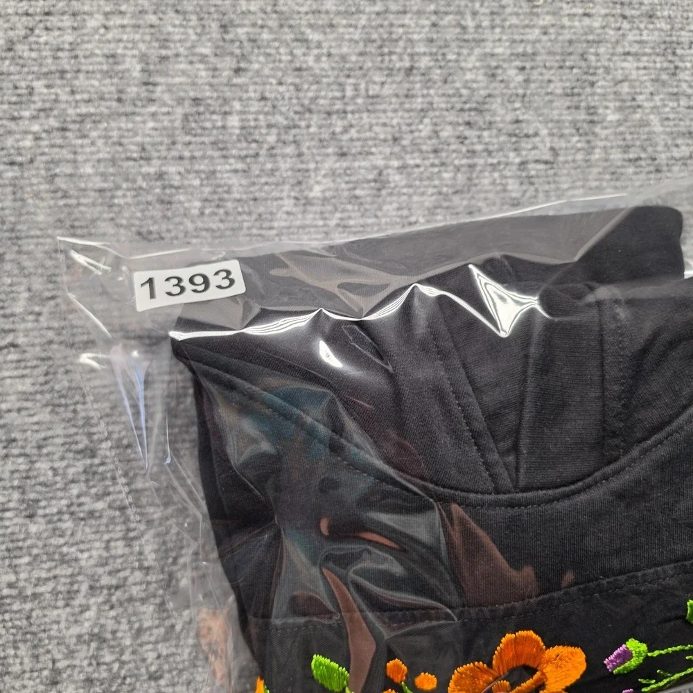 Hand Embroidered Mexican Floral Black Pullover Hoodie Size Medium Boho Cottageco